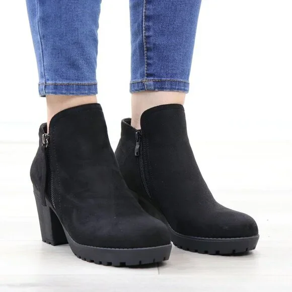 Black Chunky Heel Ankle Boots Suede Lug High Heel Booties - Picture 7 of 15
